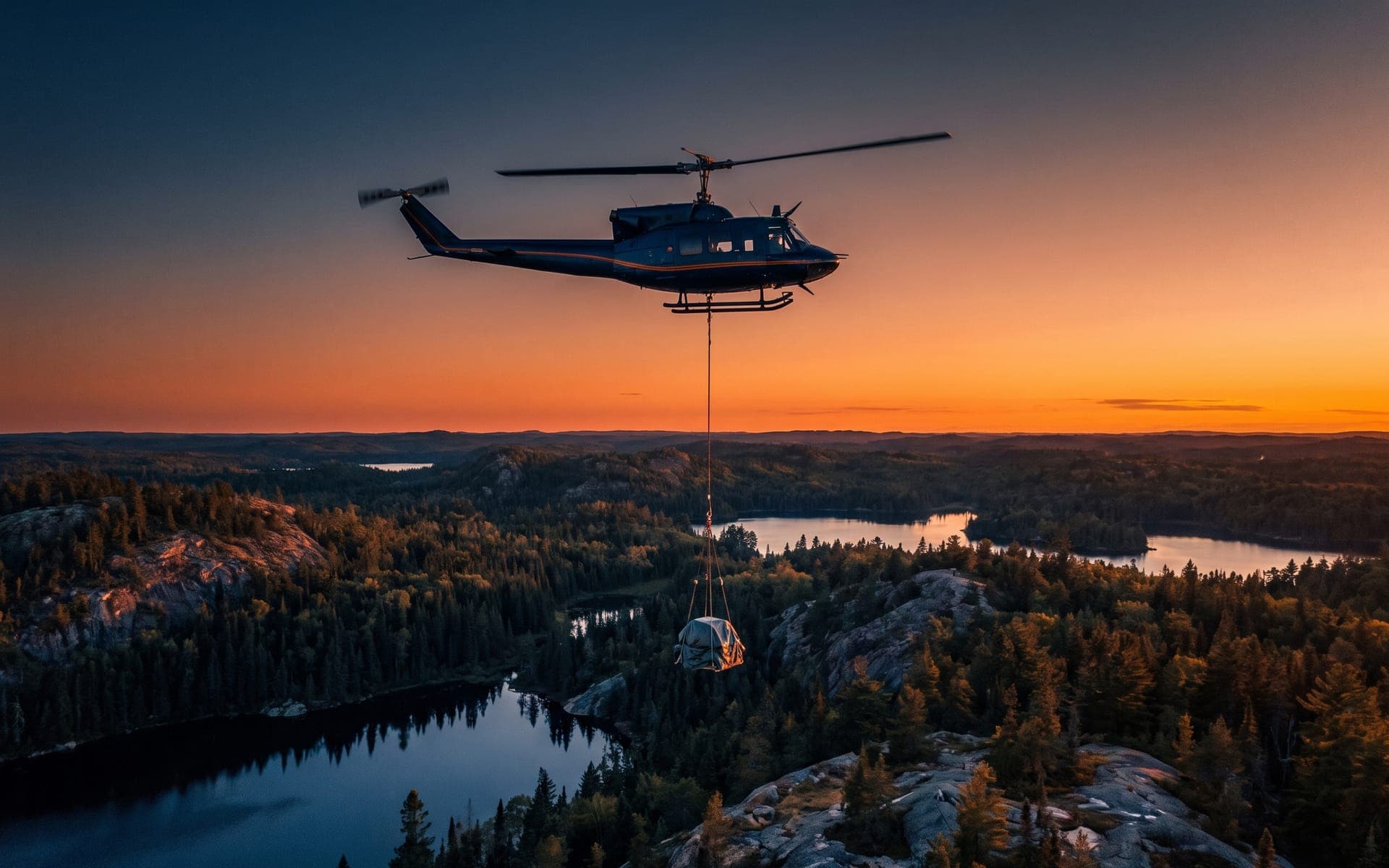 Helicopter silhouetted against a dusk sky flying a long-line load over the treeline
