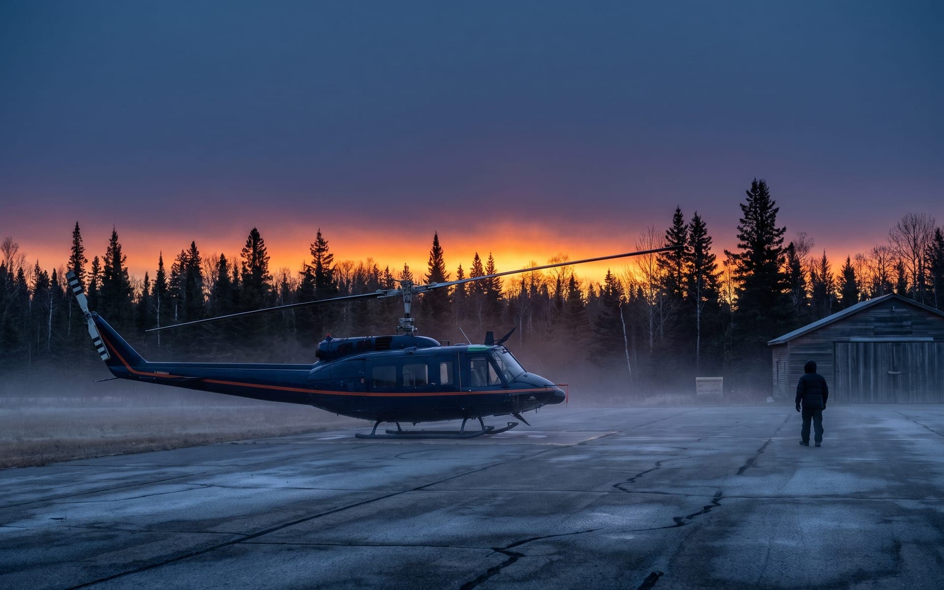 Helicopter parked on the pad at dawn with ground mist and an orange horizon