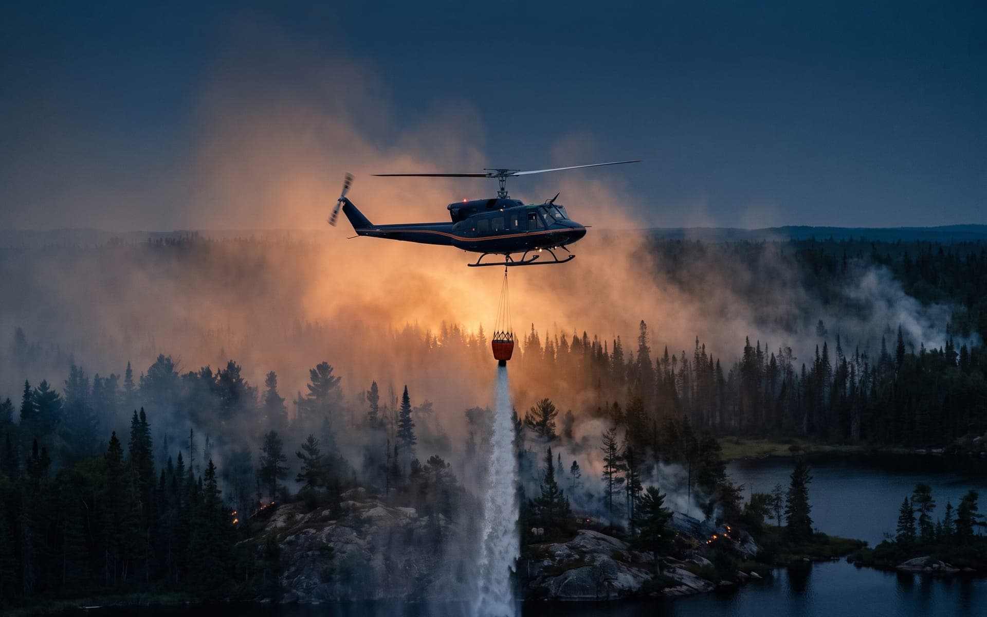 Column of water falling from a helicopter fire bucket onto smoking spruce