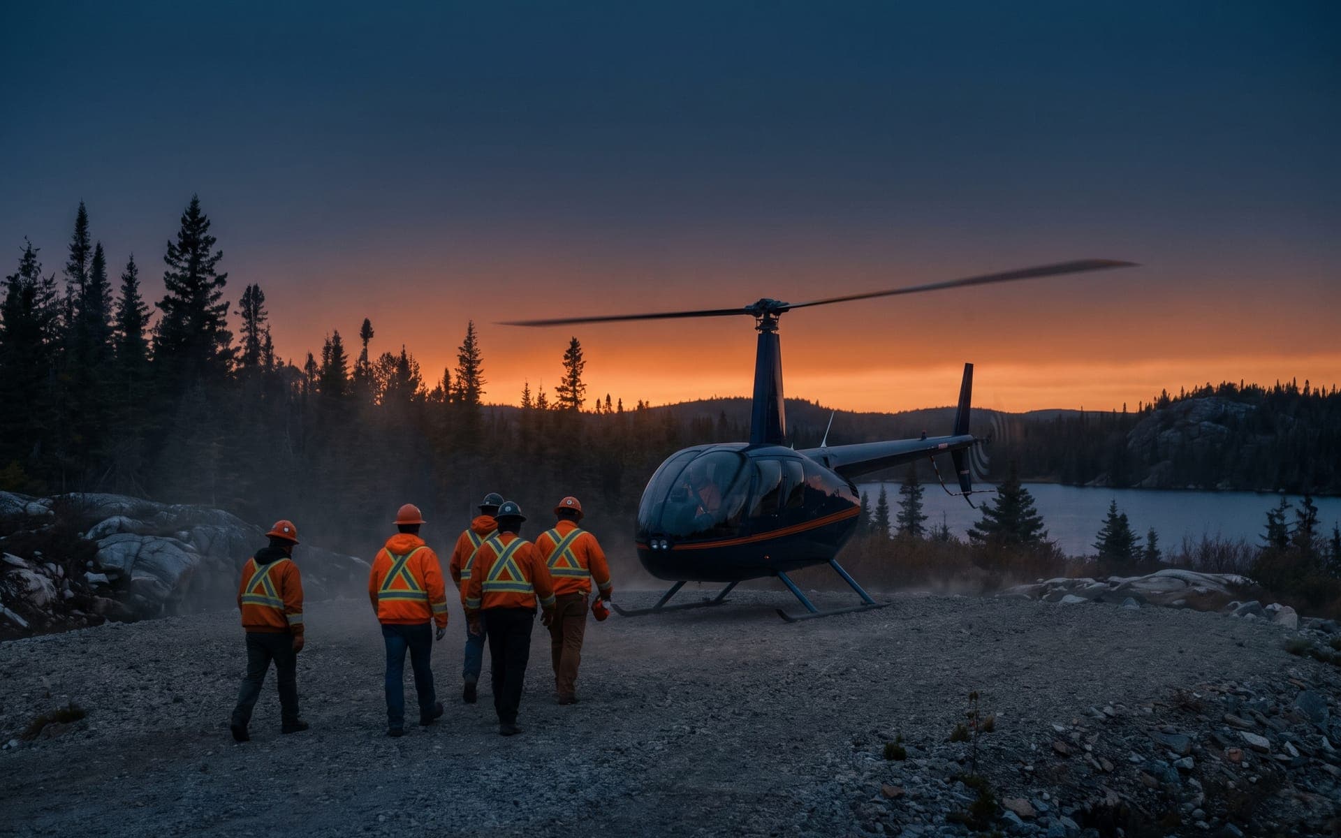 Crew in high-visibility gear walking toward a waiting helicopter at dusk