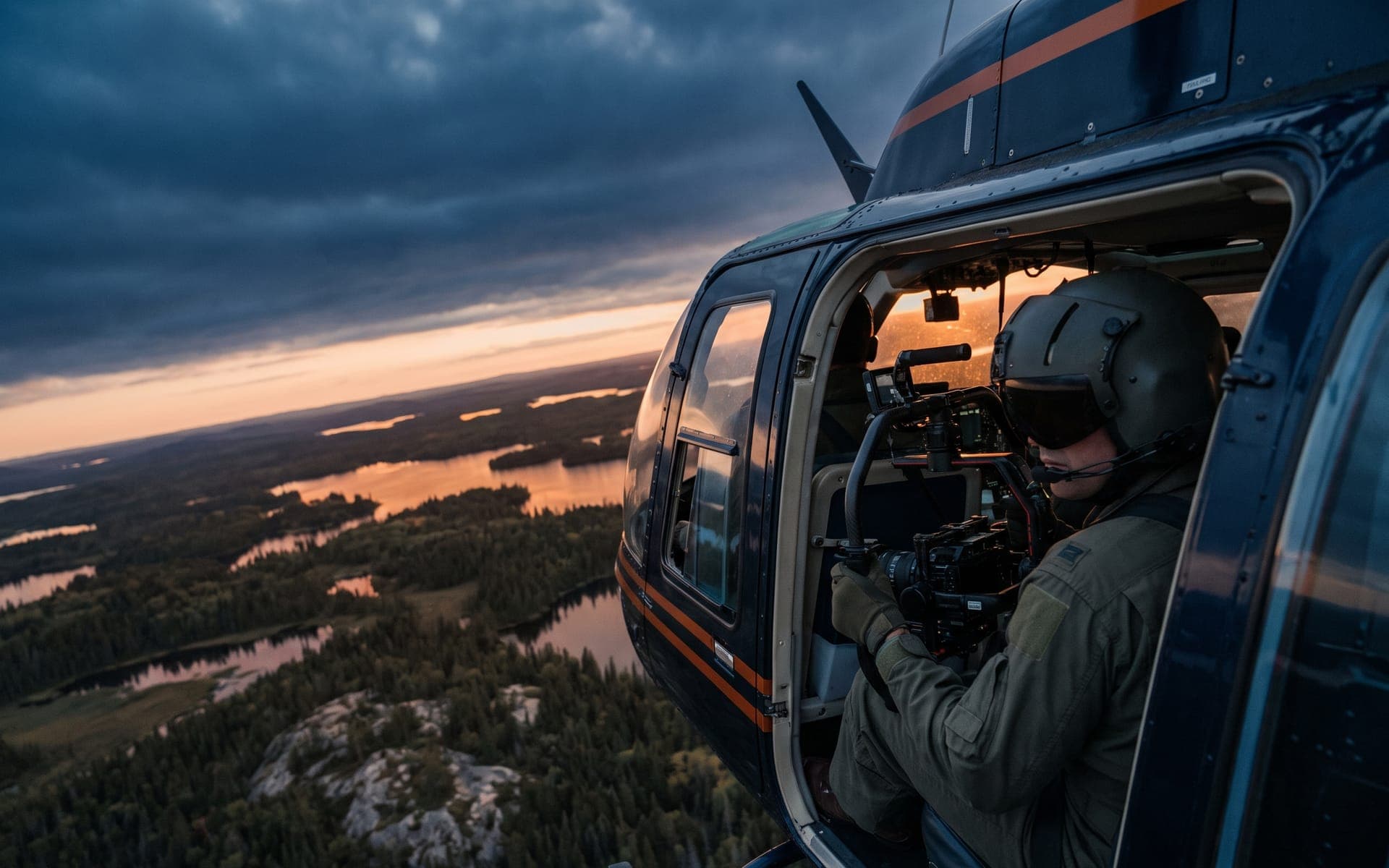 View past a camera operator out the open door of a banking helicopter