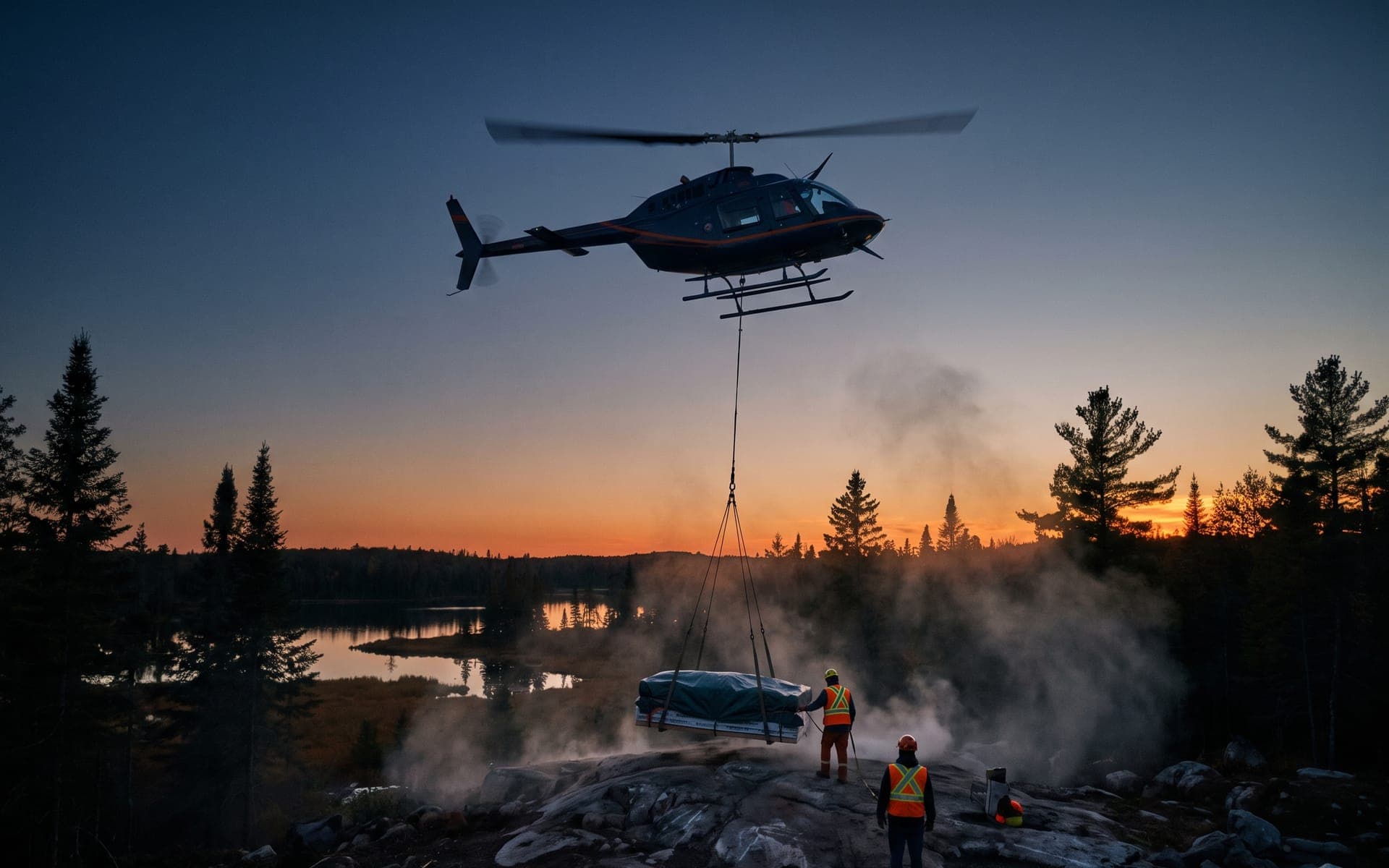 Long-line load being set down beside ground crew under a hovering helicopter