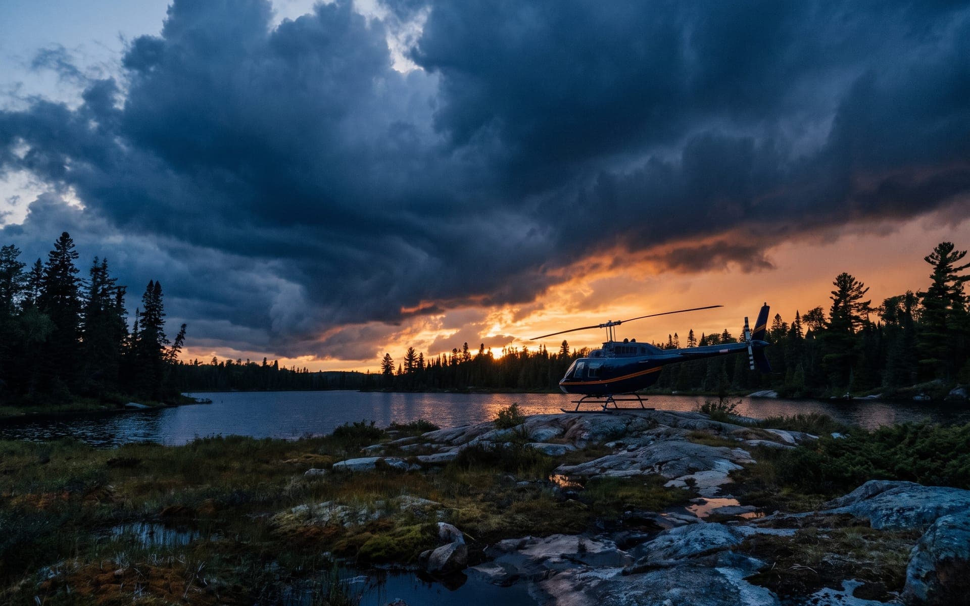 Parked helicopter small against a towering northern storm sky