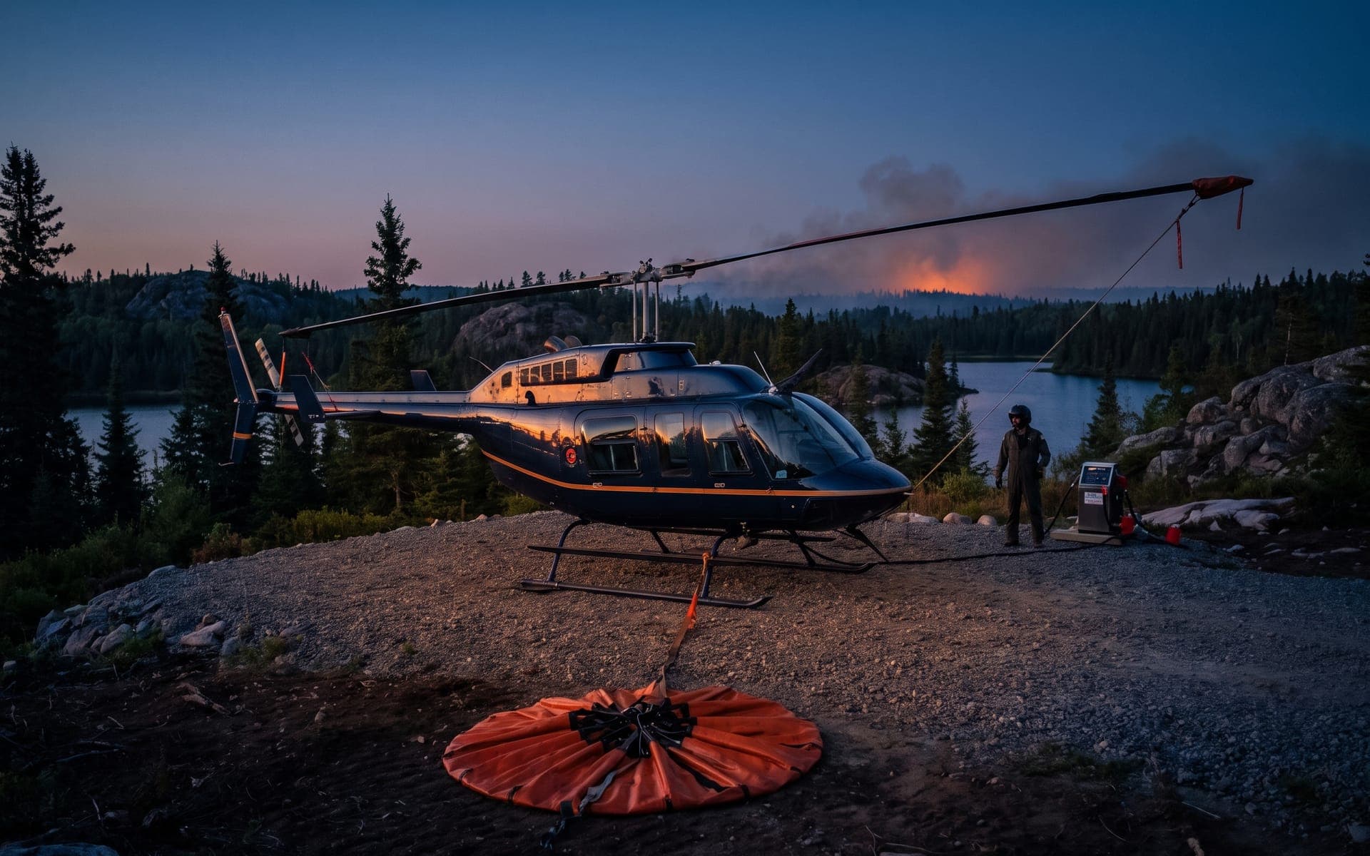 Helicopter on standby with an orange fire bucket rigged beneath it