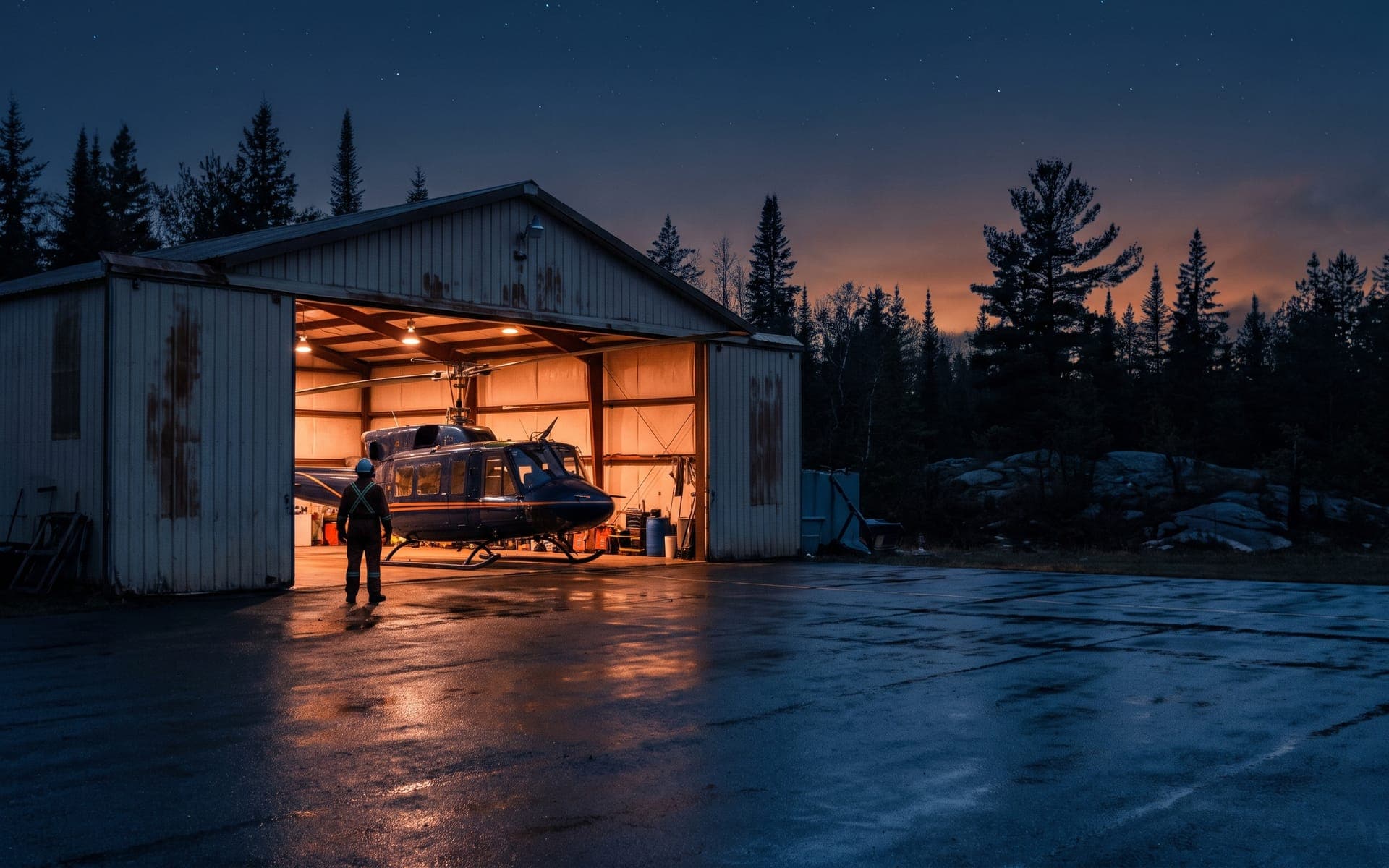 Hangar at night with warm light spilling around the aircraft inside