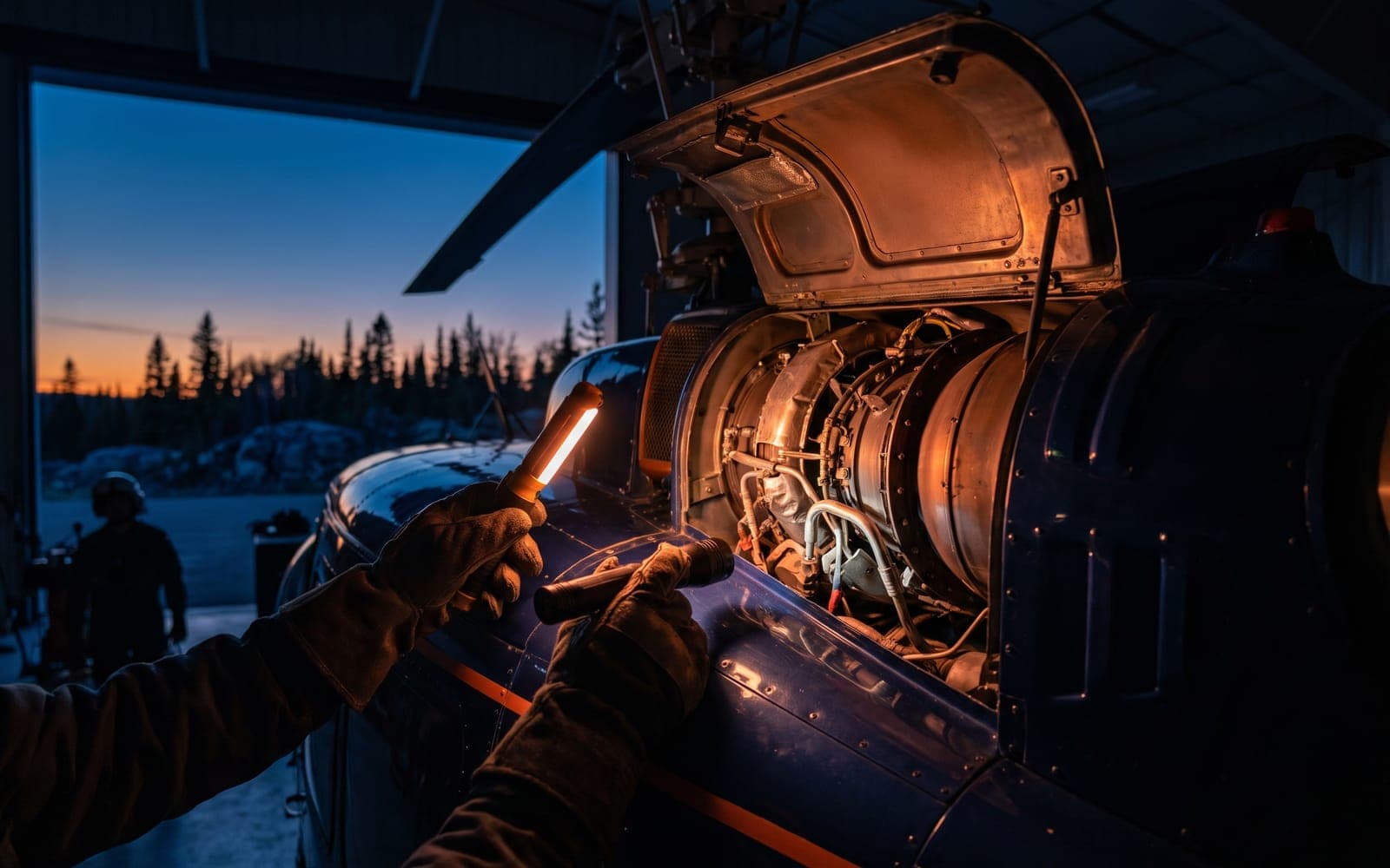 Engineer's gloved hands inspecting the open engine bay of a helicopter under a work light