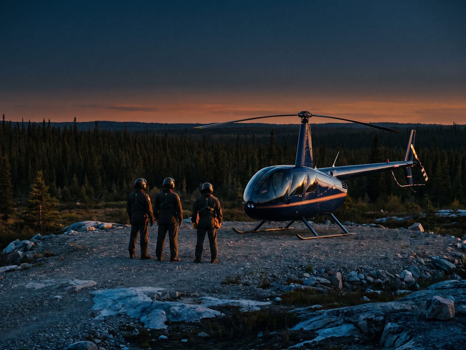 Flight crew standing beside their helicopter on a northern airfield pad at dusk