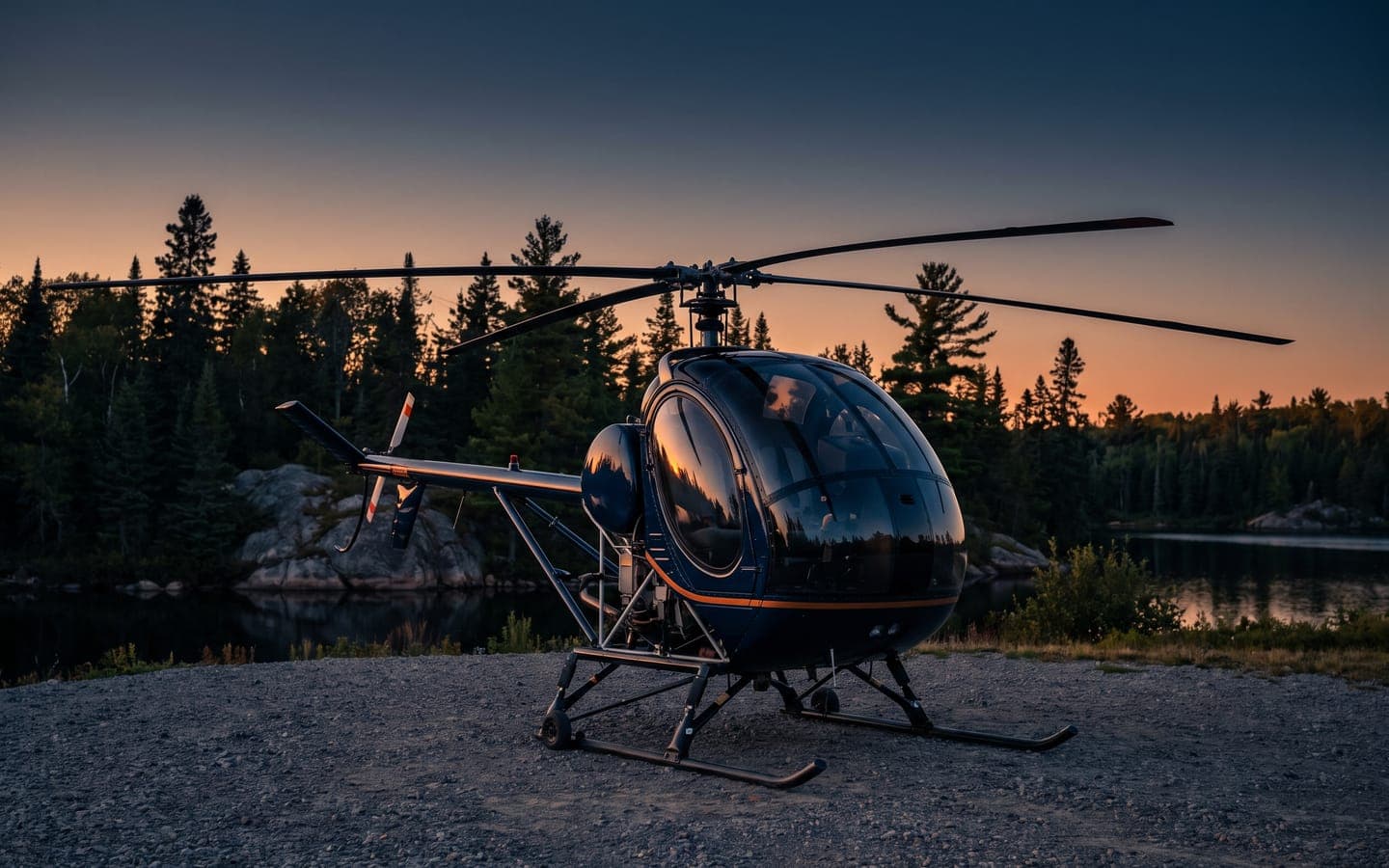 Light piston helicopter of the Schweizer 300 type parked on a helipad at golden hour (representative image)