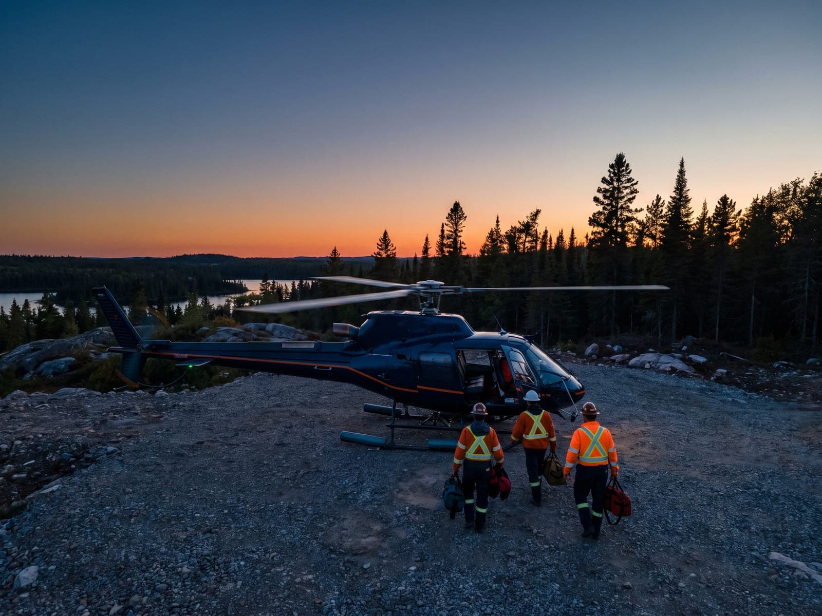 Crew with bags walking toward a helicopter idling at a remote northern site at dusk