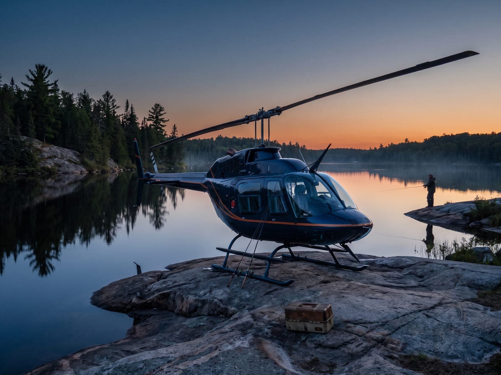 Helicopter parked on a granite shore beside a calm remote lake, fishing rods against the skids